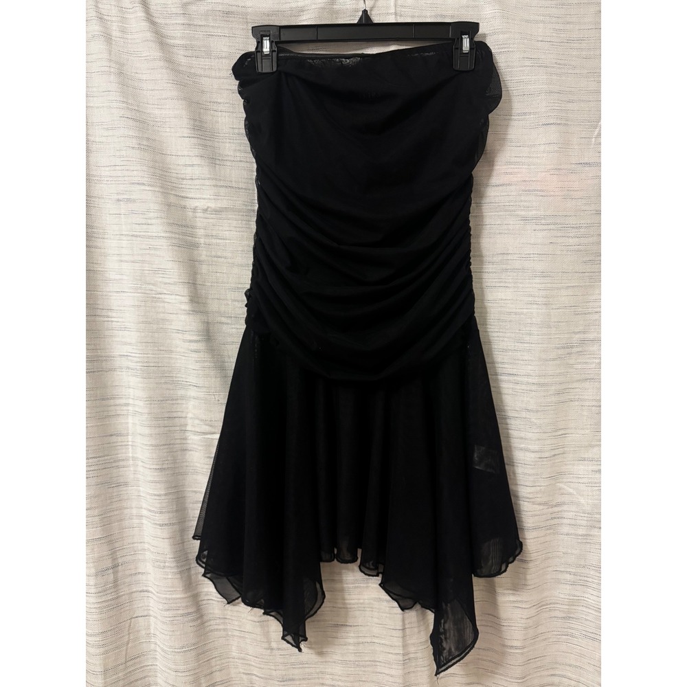 Akira Black Strapless Ruched Mesh Mini Dress Handkerchief Hem Large L